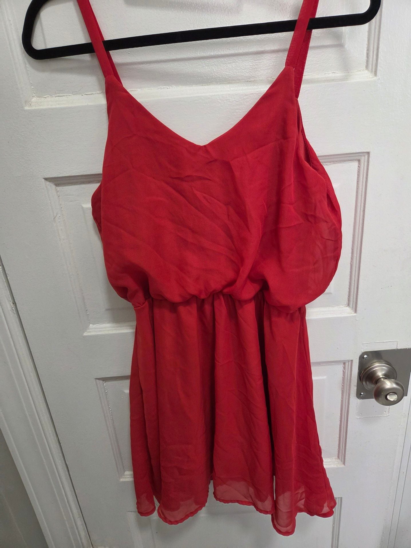 Mimi Chica Red Blouson Chiffon Spaghetti Strap V-Neck Mini Dress Size L 4