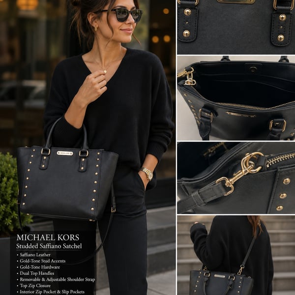 Michael Kors Black Saffiano Leather Studded Sandrine Tote Bag