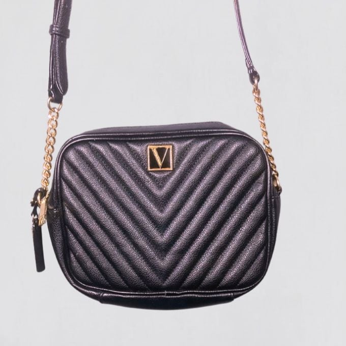 Victoria's Secret Black V-Quilted Top Zip Crossbody Bag 12