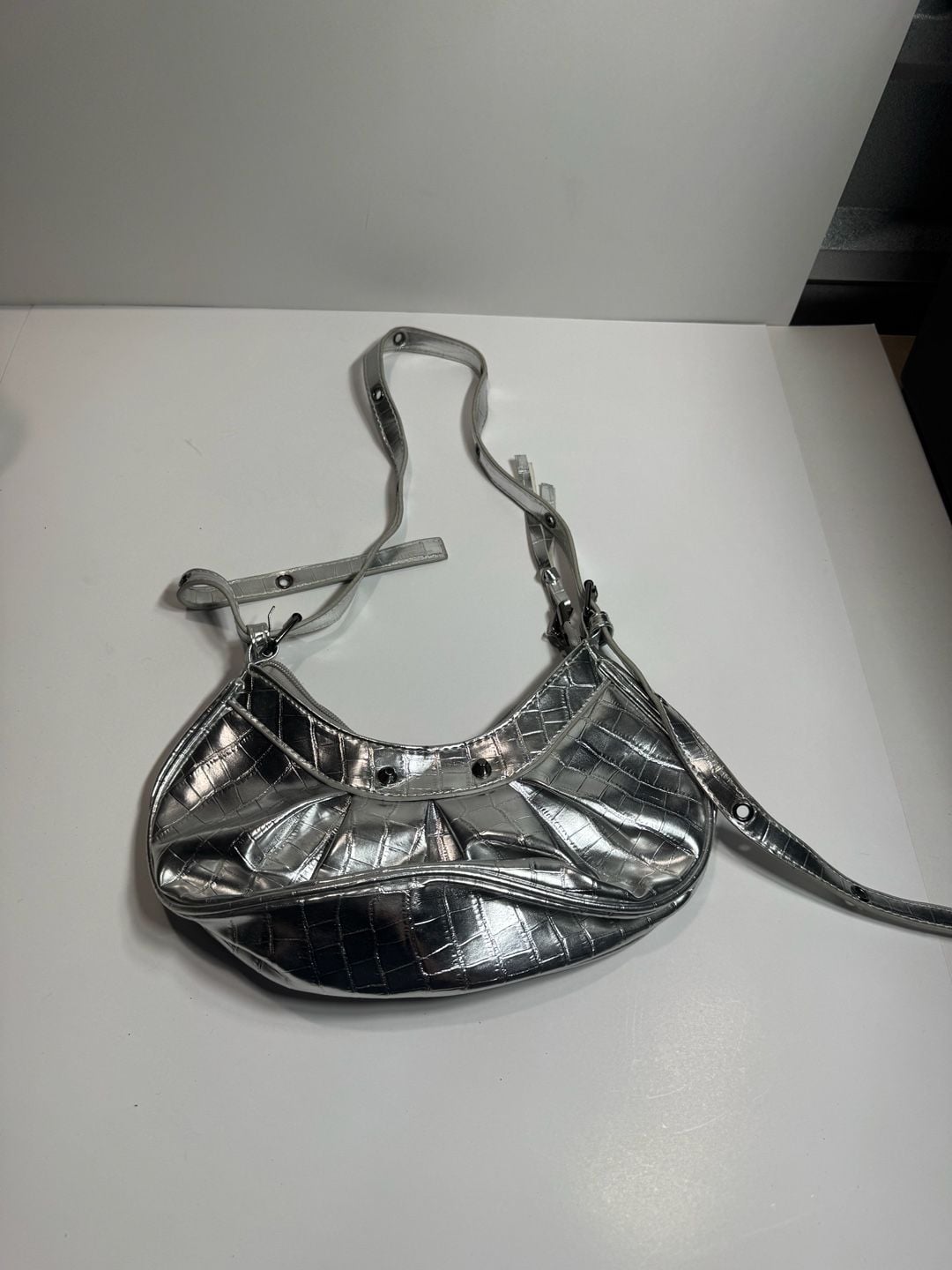 SHEIN Silver Metallic Crocodile Embossed Y2K 2