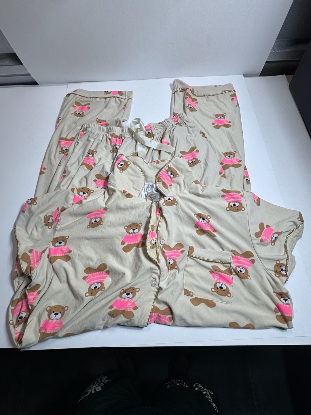 Mental Health Club Teddy Bear Print Pajama Set Top and Pants Cream Pink 1