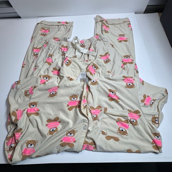 Mental Health Club Teddy Bear Print Pajama Set Top and Pants Cream Pink