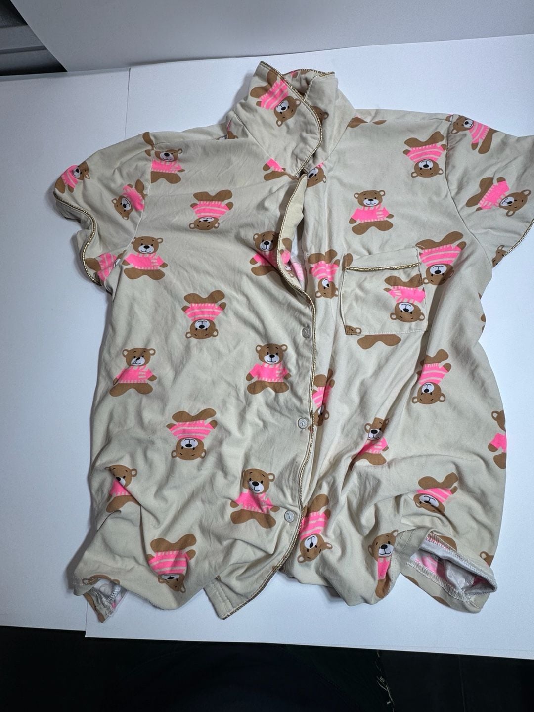 Mental Health Club Teddy Bear Print Pajama Set Top and Pants Cream Pink 3