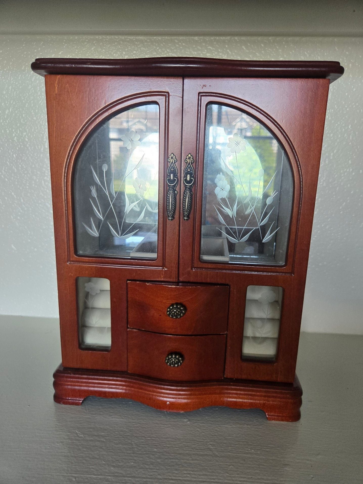 Large Vintage Wooden Jewelry Armoire Chest with Etched Floral Glass Doors 2 Drawers and Ring Holders 1
