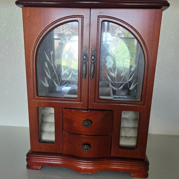 Large Vintage Wooden Jewelry Armoire Chest with Etched Floral Glass Doors 2 Drawers and Ring Holders