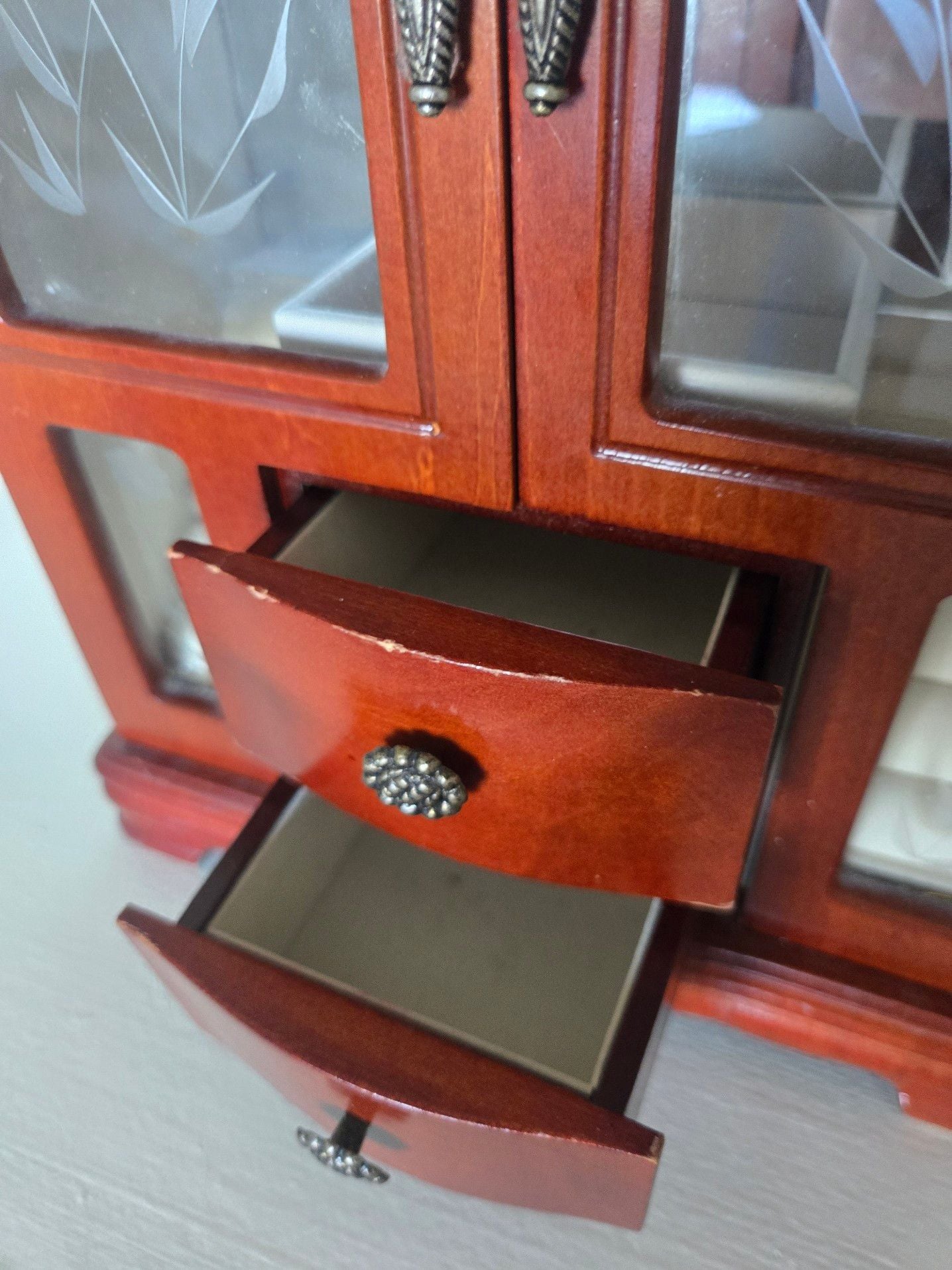 Large Vintage Wooden Jewelry Armoire Chest with Etched Floral Glass Doors 2 Drawers and Ring Holders 2