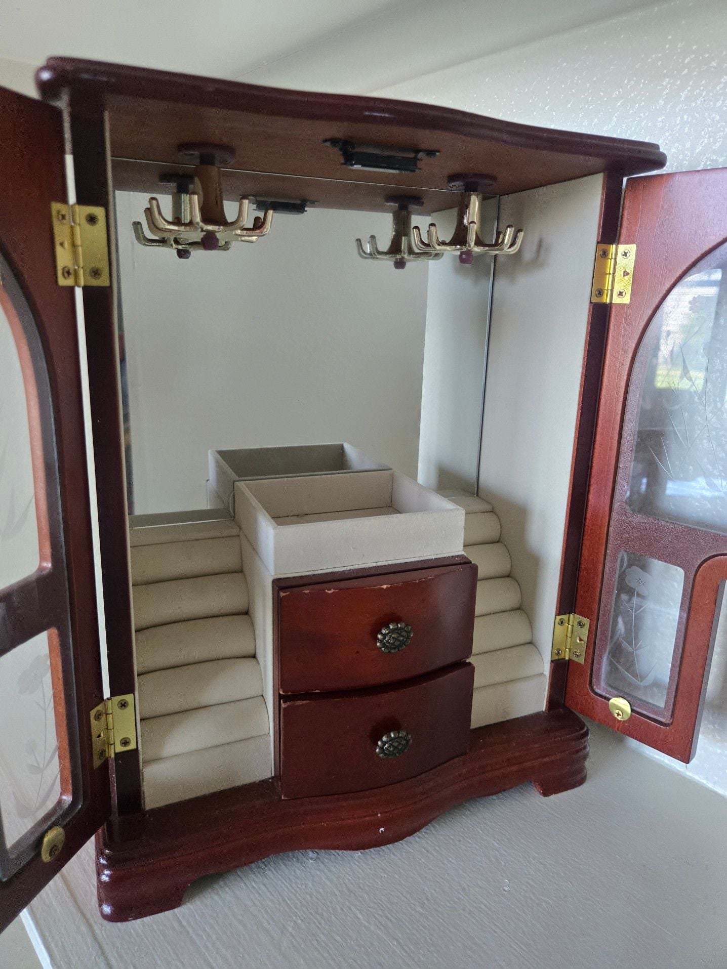 Large Vintage Wooden Jewelry Armoire Chest with Etched Floral Glass Doors 2 Drawers and Ring Holders 3