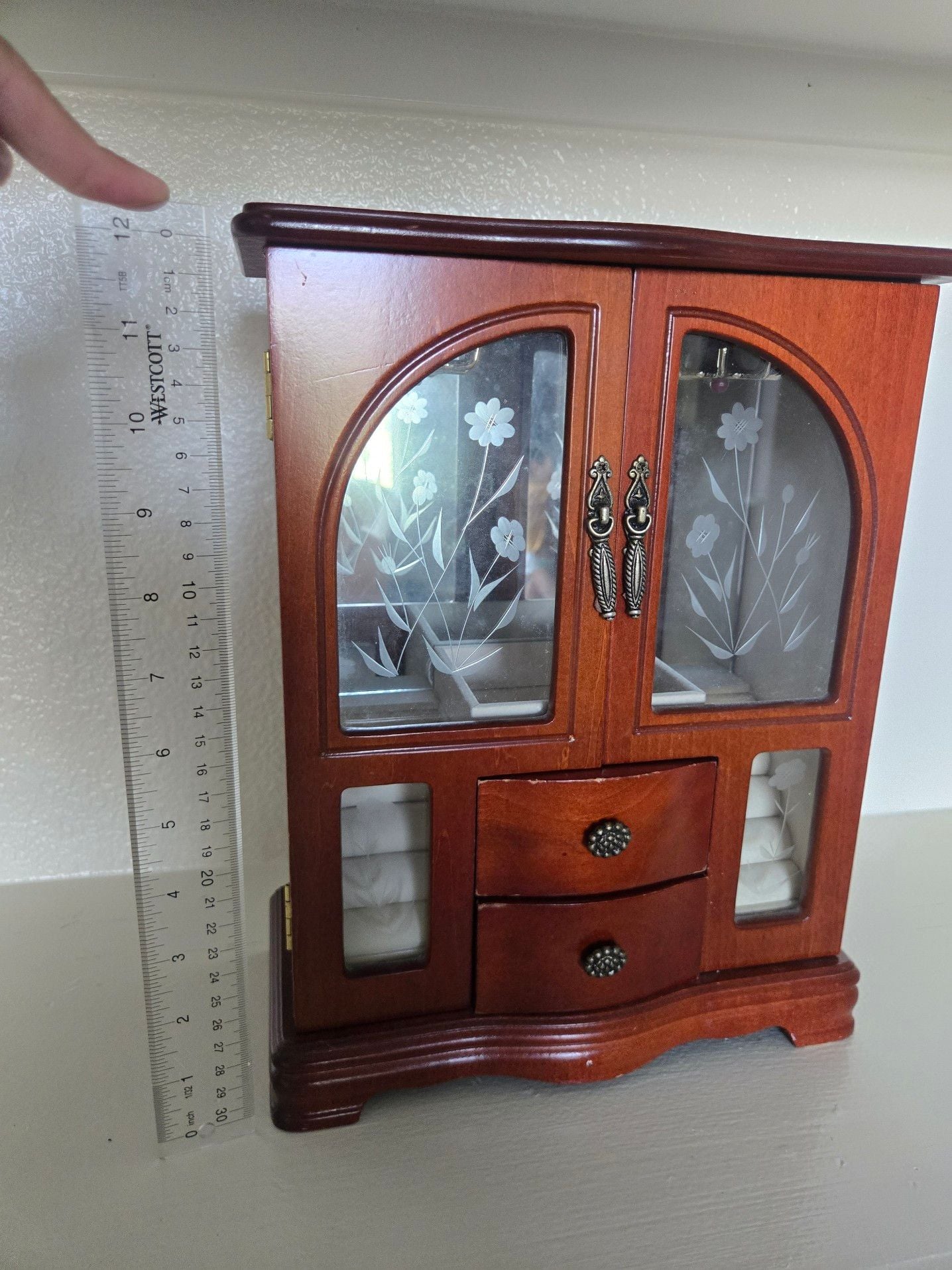 Large Vintage Wooden Jewelry Armoire Chest with Etched Floral Glass Doors 2 Drawers and Ring Holders 4