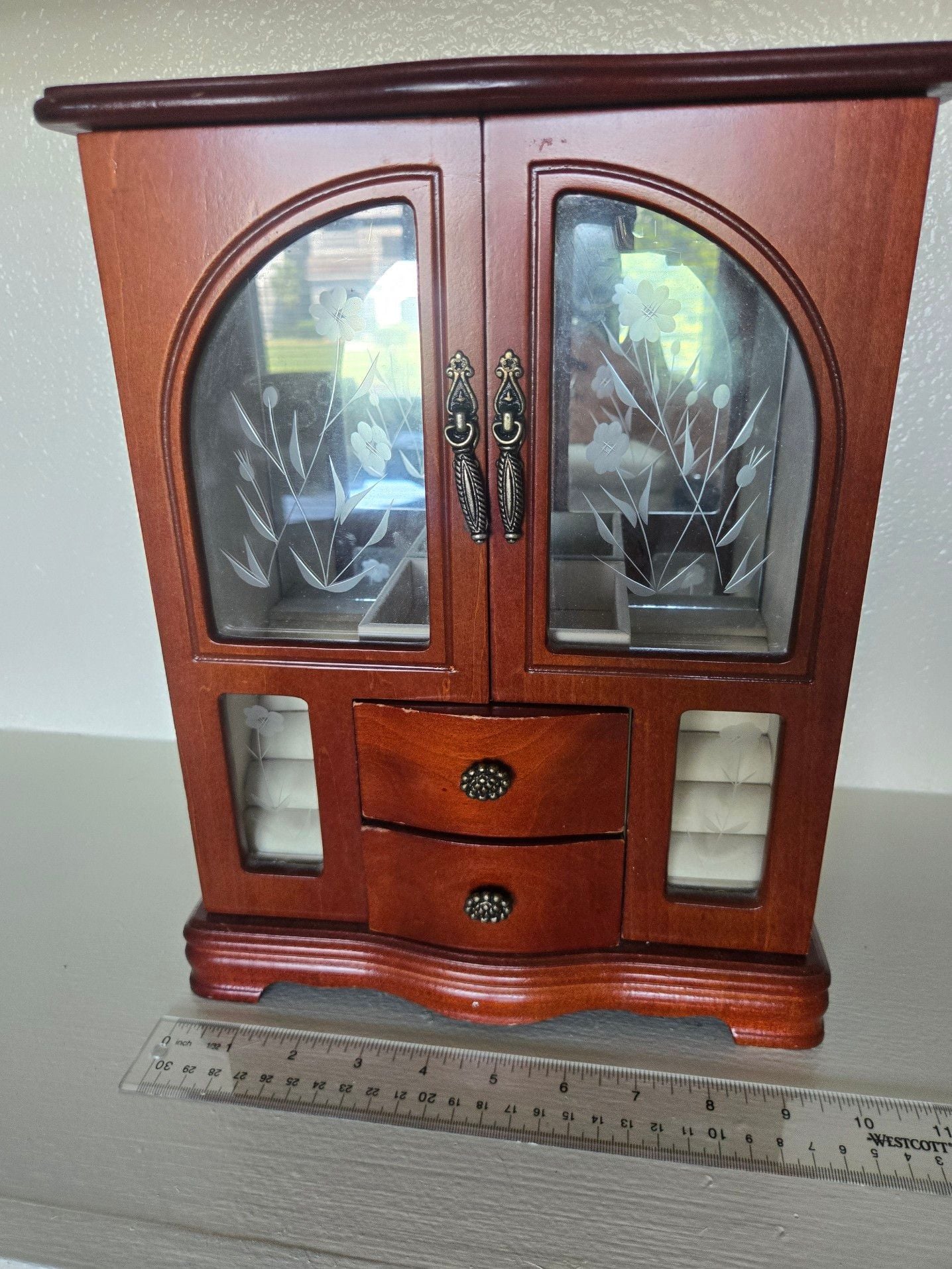 Large Vintage Wooden Jewelry Armoire Chest with Etched Floral Glass Doors 2 Drawers and Ring Holders 5