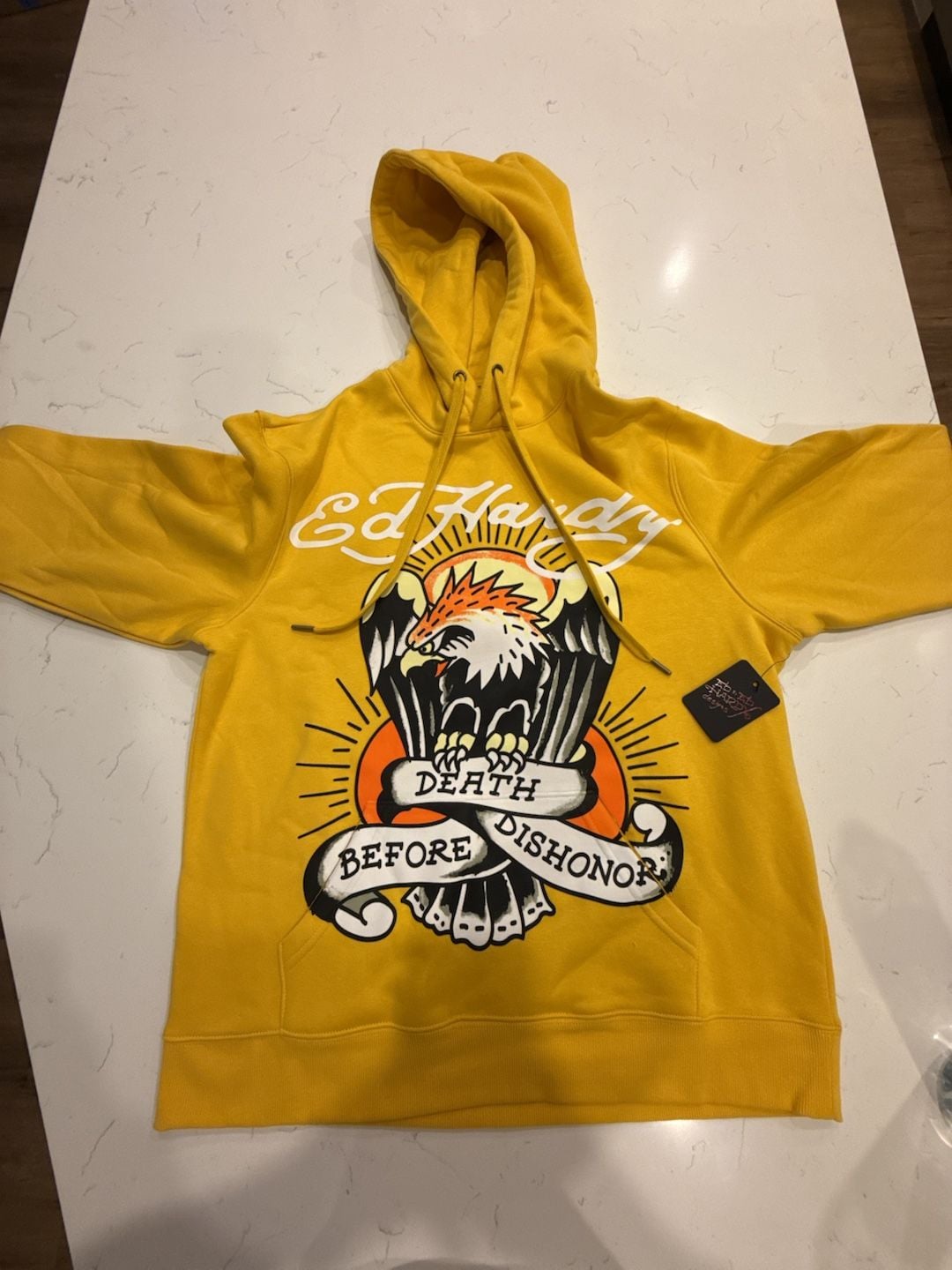Ed Hardy Death Before Dishonor Eagle Graphic Fleece Pullover Mustard Yellow Hoodie 2