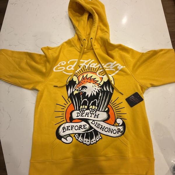Ed Hardy Death Before Dishonor Eagle Graphic Fleece Pullover Mustard Yellow Hoodie