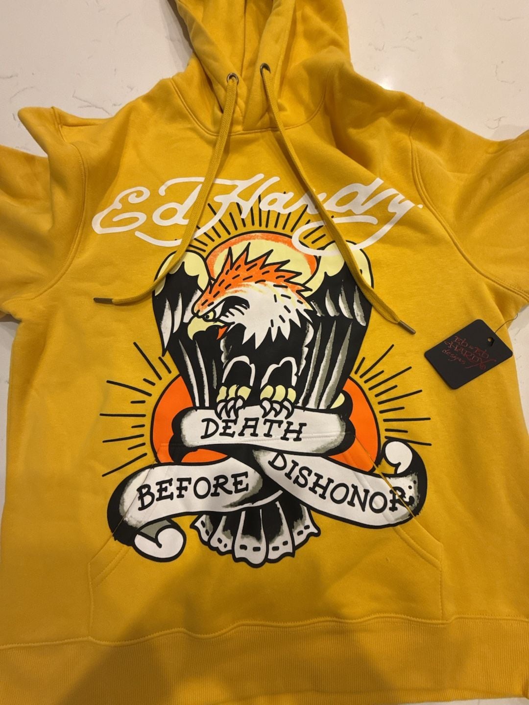 Ed Hardy Death Before Dishonor Eagle Graphic Fleece Pullover Mustard Yellow Hoodie 3