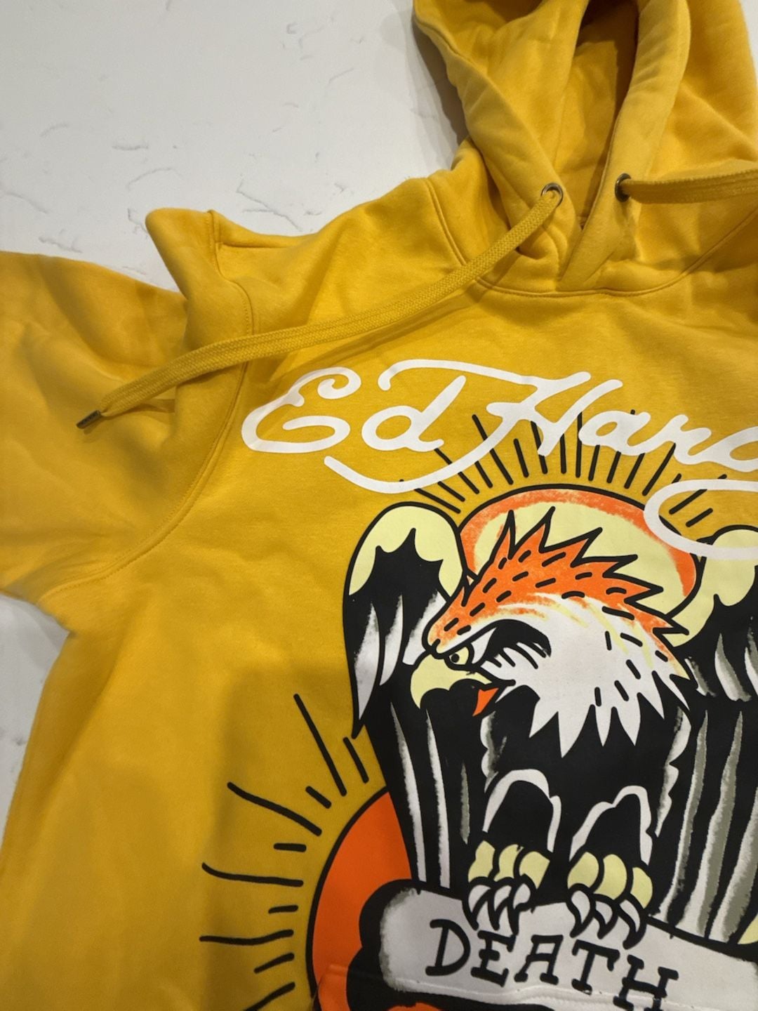Ed Hardy Death Before Dishonor Eagle Graphic Fleece Pullover Mustard Yellow Hoodie 5