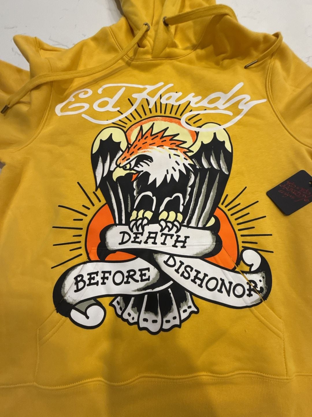 Ed Hardy Death Before Dishonor Eagle Graphic Fleece Pullover Mustard Yellow Hoodie 7