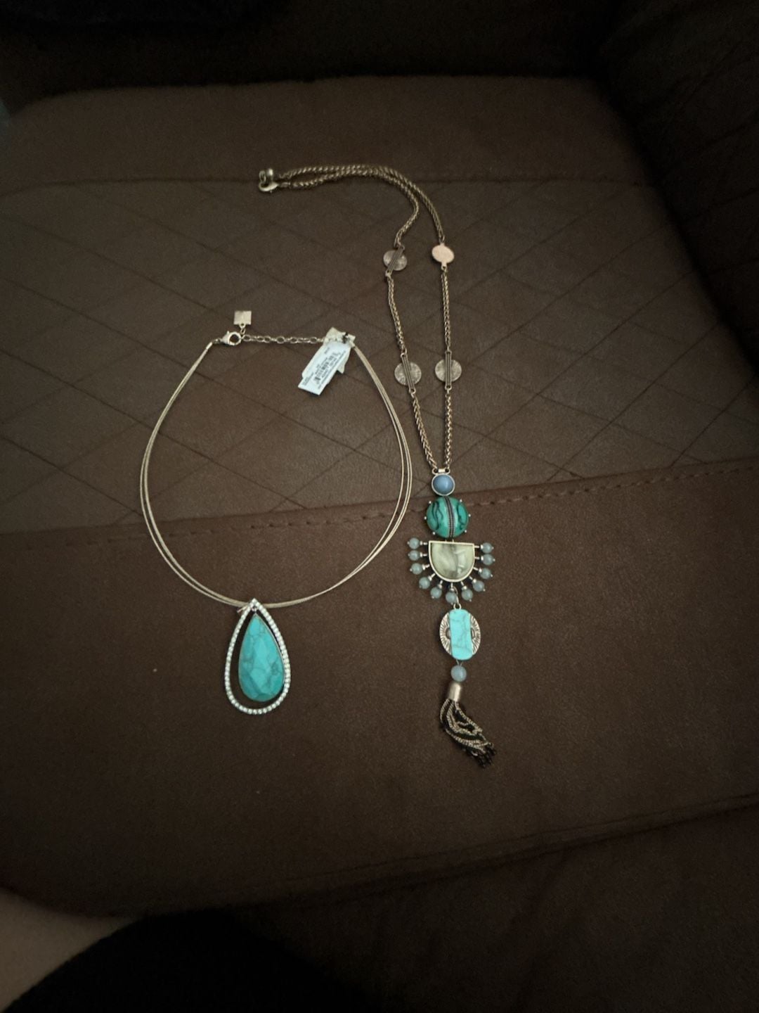 Lucky Brand Silver Tone Pear Shaped Large Pendant Necklace Turquoise Tassel Set 1