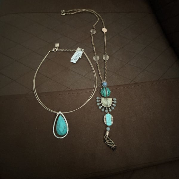 Lucky Brand Silver Tone Pear Shaped Large Pendant Necklace Turquoise Tassel Set