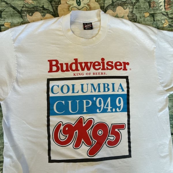 Vintage 1990s Budweiser Columbia Cup 94.9 GK95 White T-Shirt XL