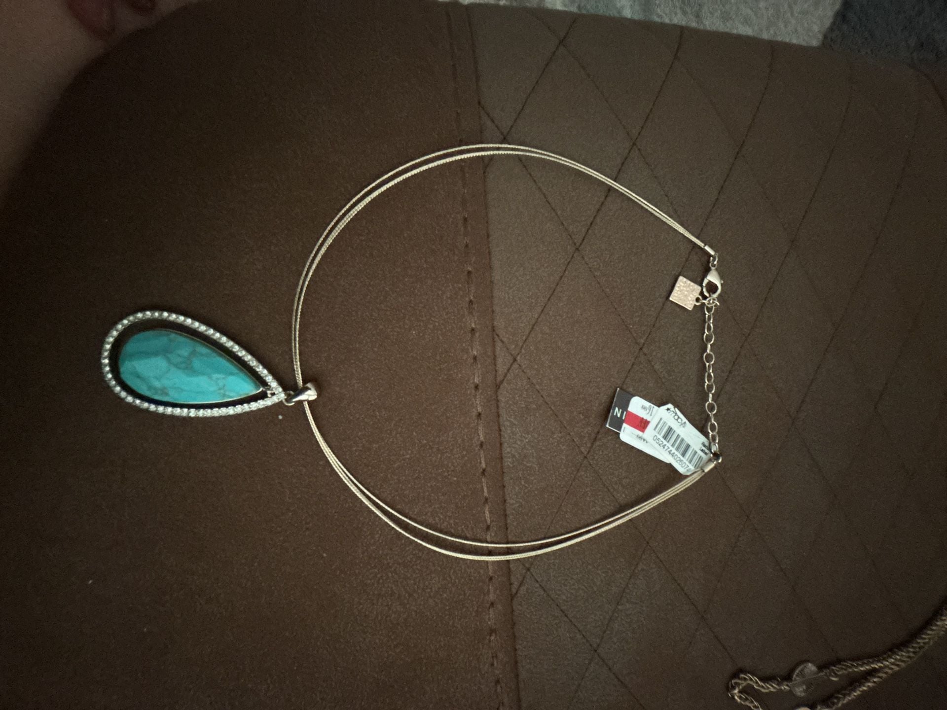 Lucky Brand Silver Tone Pear Shaped Large Pendant Necklace Turquoise Tassel Set 2