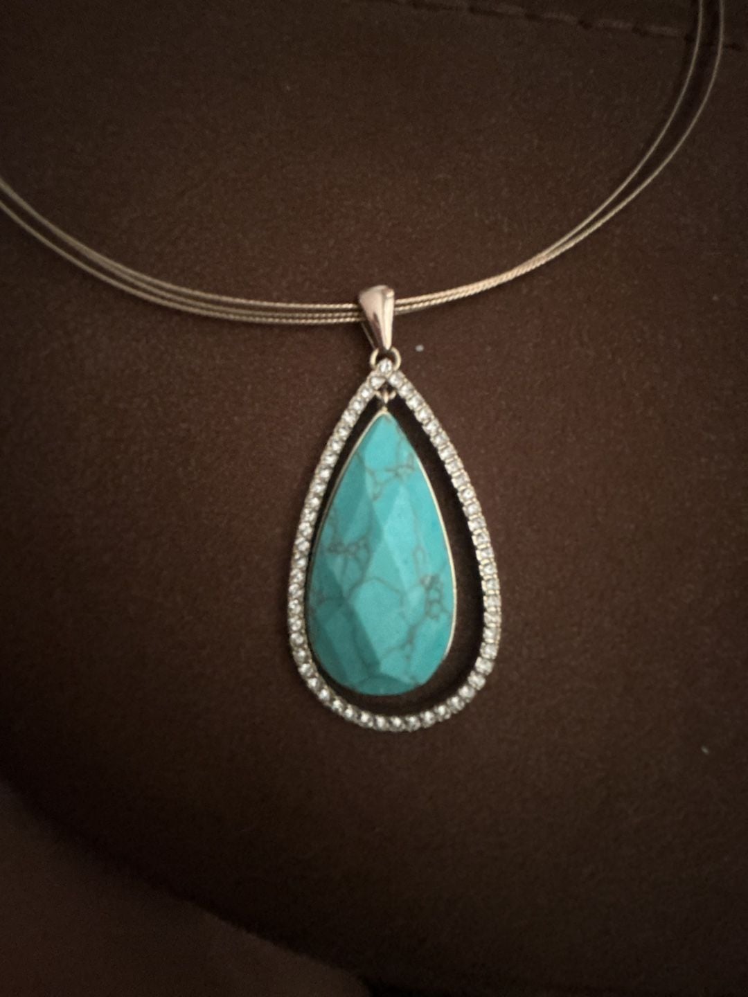 Lucky Brand Silver Tone Pear Shaped Large Pendant Necklace Turquoise Tassel Set 3