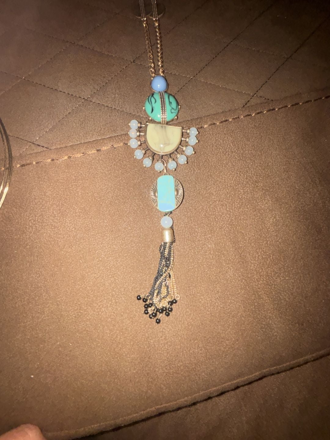 Lucky Brand Silver Tone Pear Shaped Large Pendant Necklace Turquoise Tassel Set 5