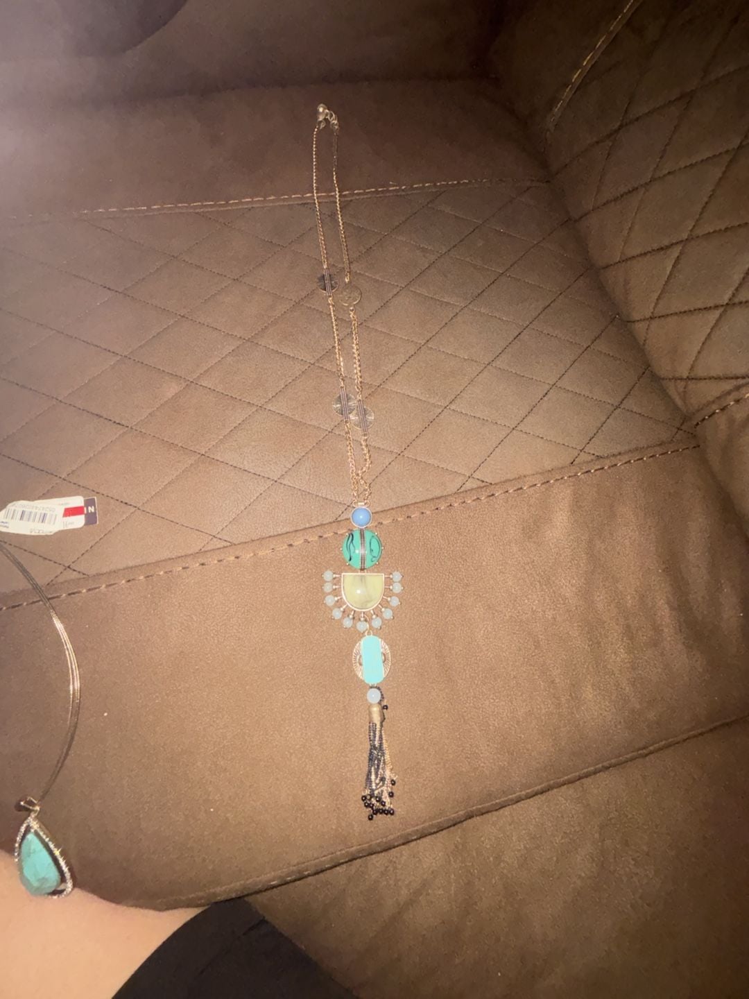 Lucky Brand Silver Tone Pear Shaped Large Pendant Necklace Turquoise Tassel Set 7