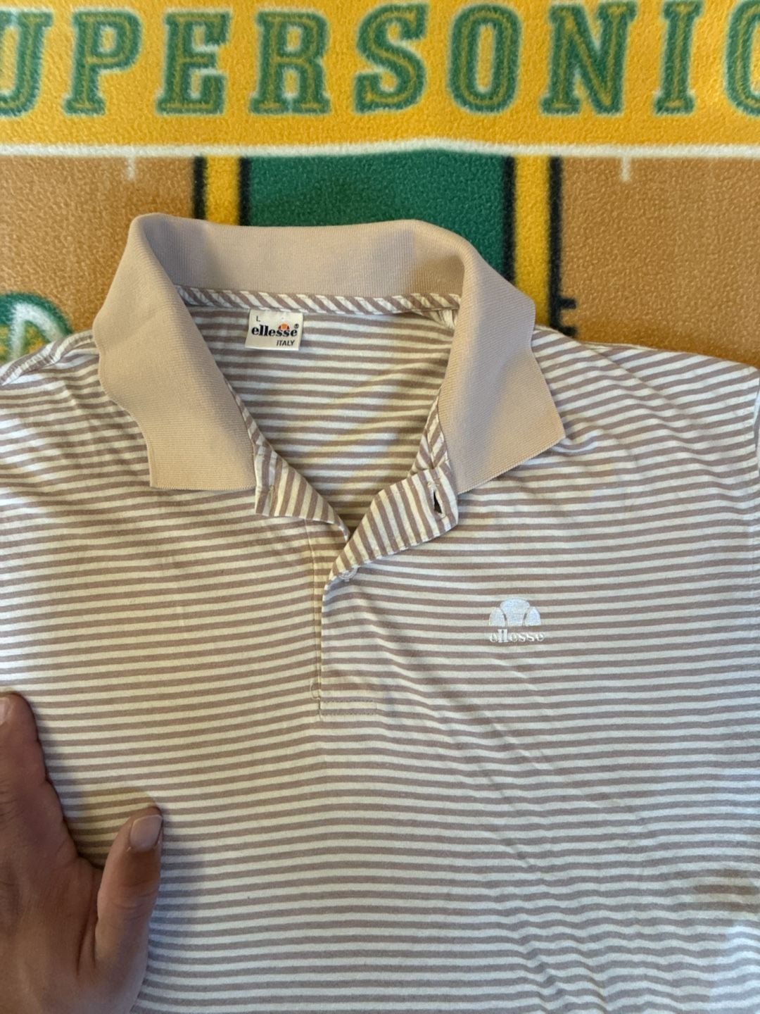 Vintage Ellesse Italy Striped Polo Shirt Tan Beige White Men's Size L 2