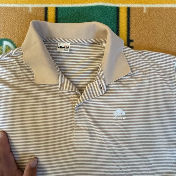 Vintage Ellesse Italy Striped Polo Shirt Tan Beige White Men's Size L