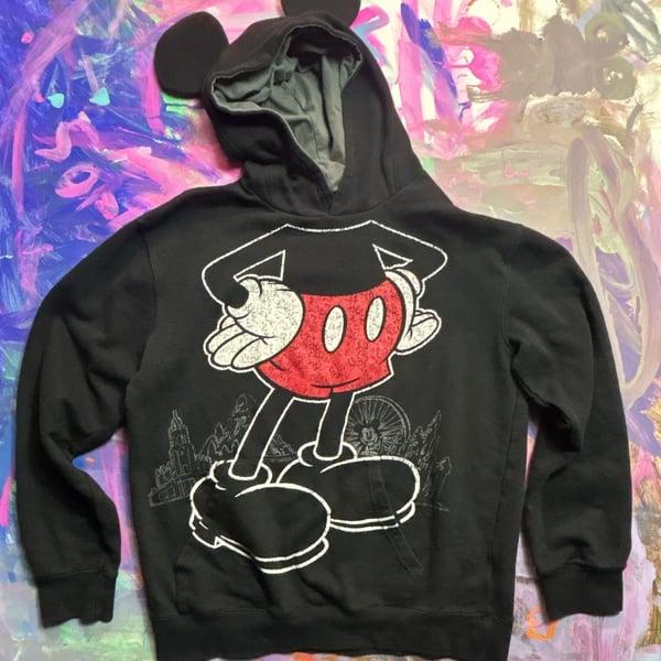 Disney Parks Mickey Mouse Graphic Pullover Hoodie With 3D Ears Black Medium