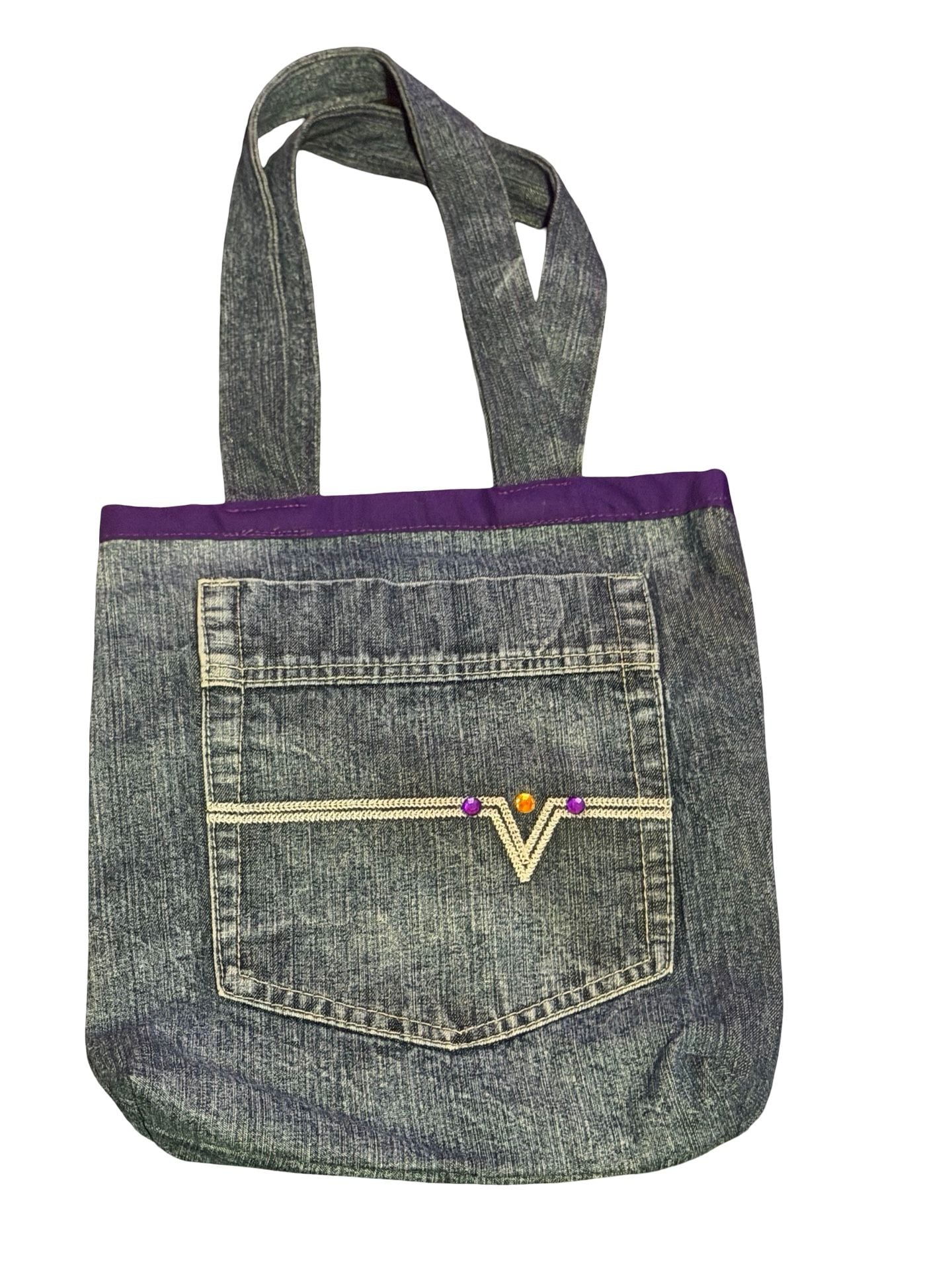 Handmade Upcycled Denim Tote Bag with Purple Lining and Pocket Bedazzles 2
