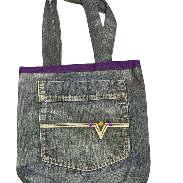 Handmade Upcycled Denim Tote Bag with Purple Lining and Pocket Bedazzles