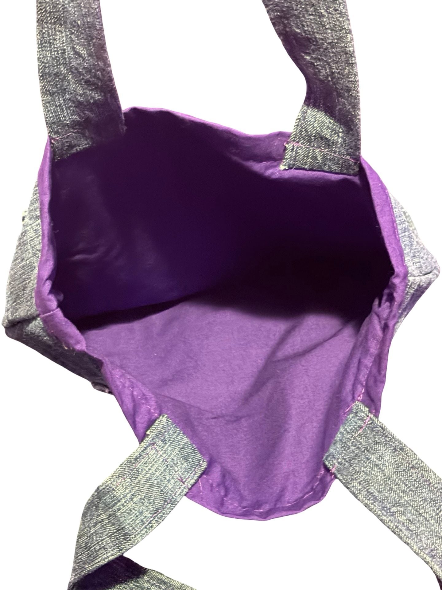 Handmade Upcycled Denim Tote Bag with Purple Lining and Pocket Bedazzles 3