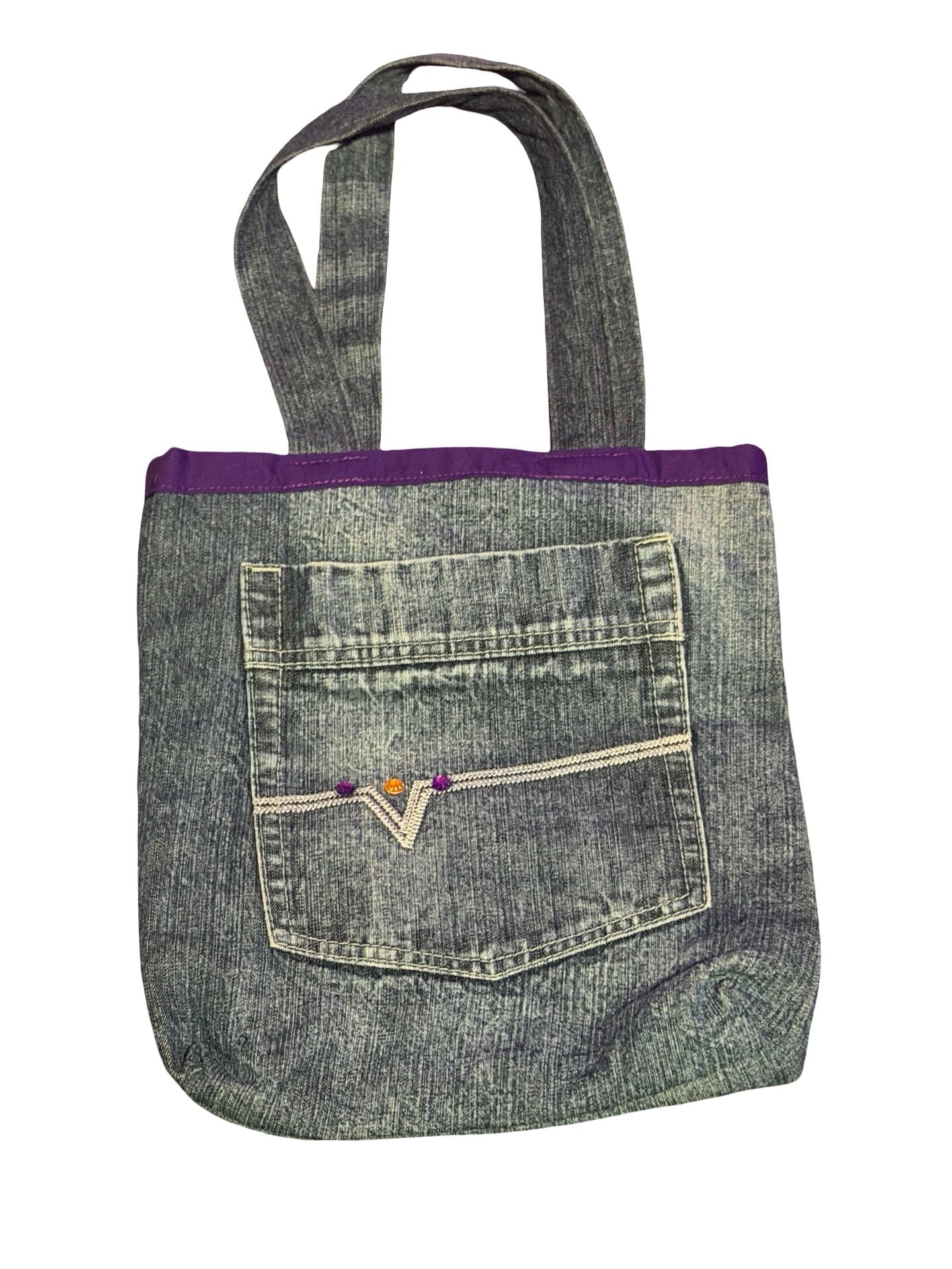 Handmade Upcycled Denim Tote Bag with Purple Lining and Pocket Bedazzles 4