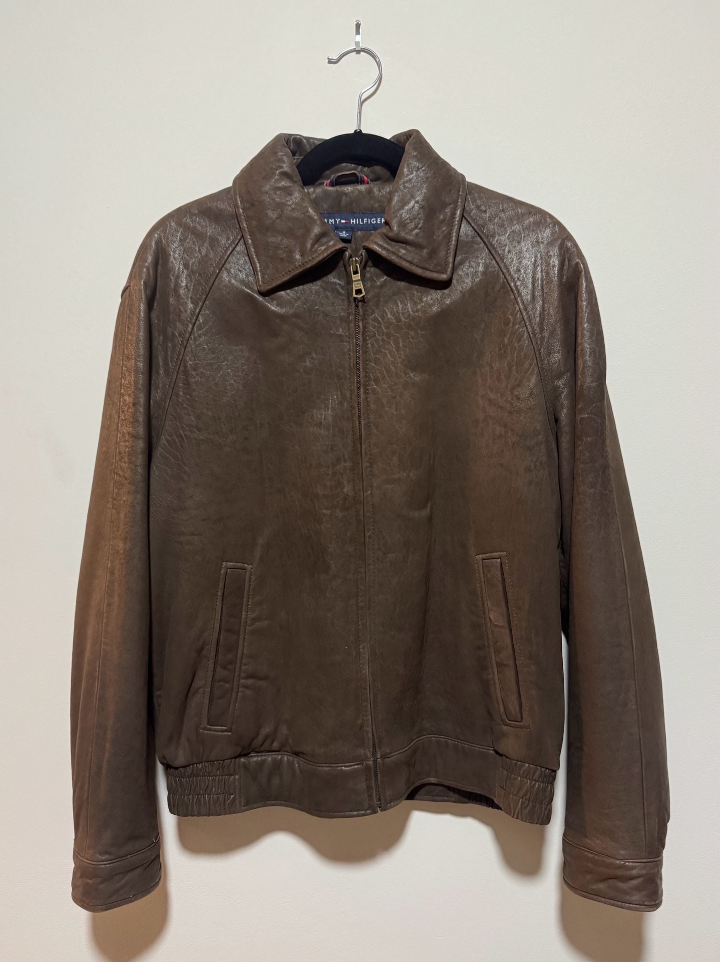 Tommy Hilfiger Vintage Brown Genuine Leather Bomber Jacket with Herringbone Lining Size S 2
