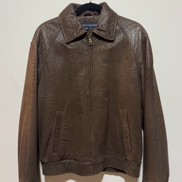 Tommy Hilfiger Vintage Brown Genuine Leather Bomber Jacket with Herringbone Lining Size S