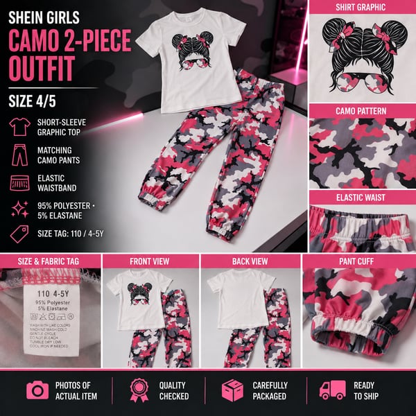 SHEIN Girls Camo 2-Piece Outfit Short-Sleeve Graphic Top & Pink Camo Pants Size 4/5