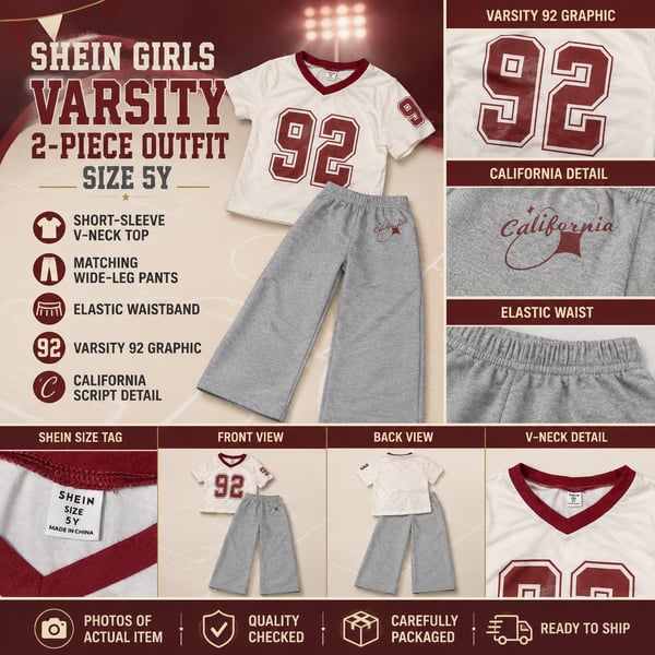 SHEIN Girls Varsity 92 Graphic V-Neck Short-Sleeve Top and Wide-Leg Pants 2-Piece Outfit Size 5Y