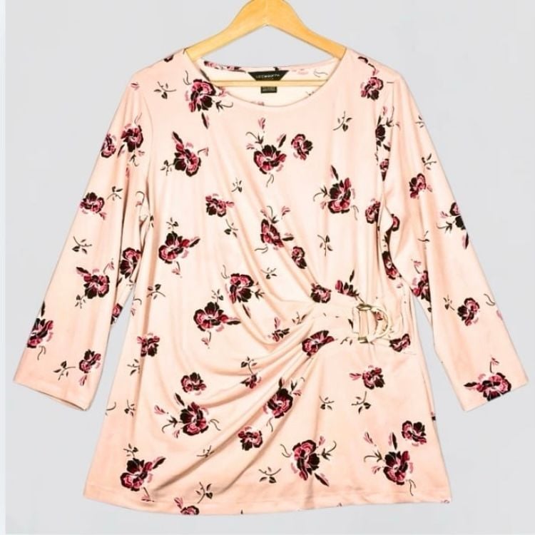 Liz Claiborne Career Pink Floral Print Ring-Buckle Ruched Blouse Size L 2