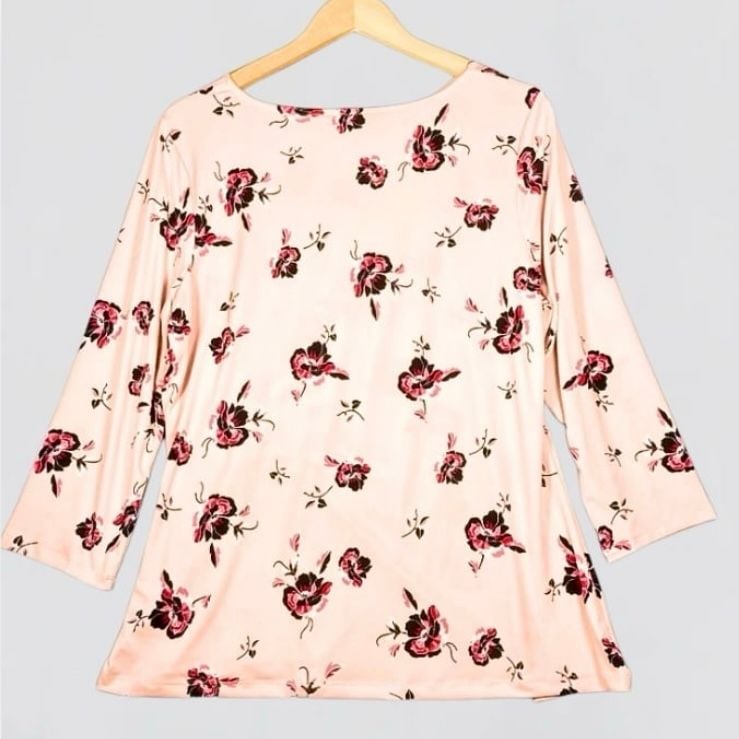 Liz Claiborne Career Pink Floral Print Ring-Buckle Ruched Blouse Size L 4