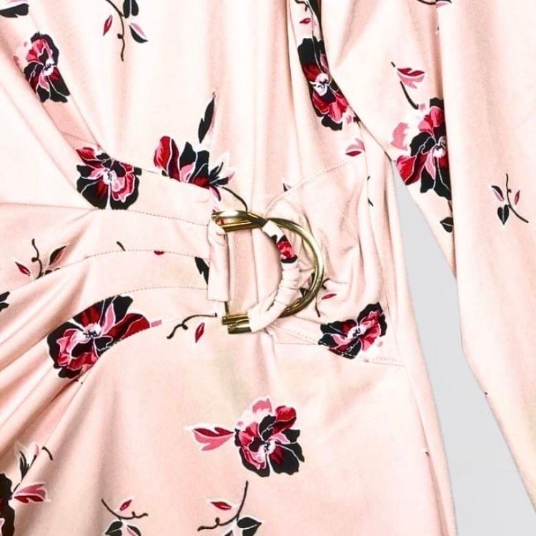 Liz Claiborne Career Pink Floral Print Ring-Buckle Ruched Blouse Size L 7