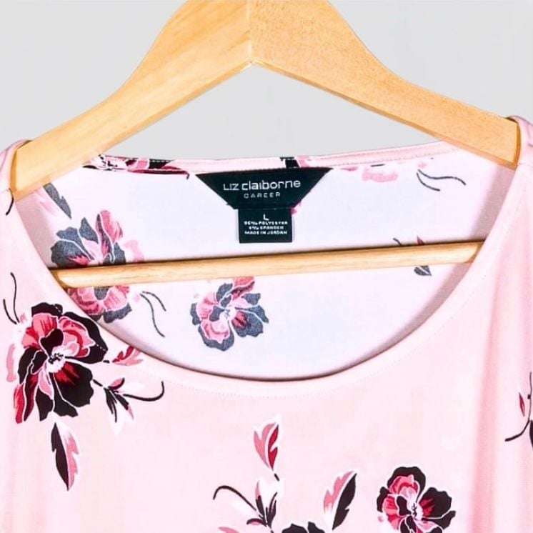 Liz Claiborne Career Pink Floral Print Ring-Buckle Ruched Blouse Size L 9