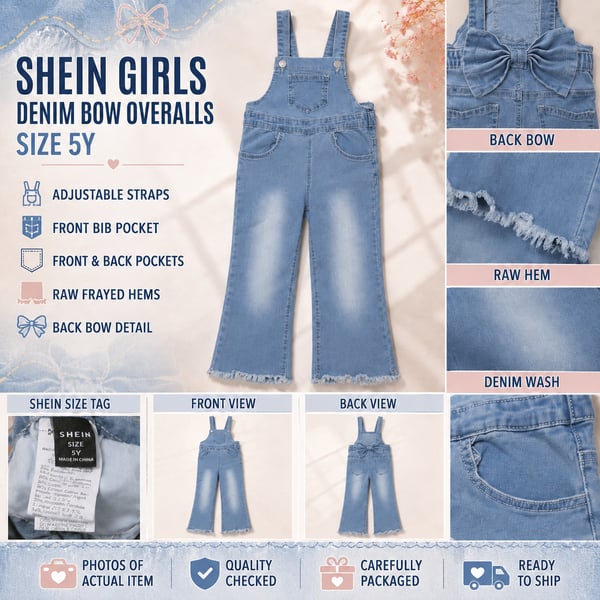SHEIN Girls Denim Bow Overalls Flared Pants Size 5Y