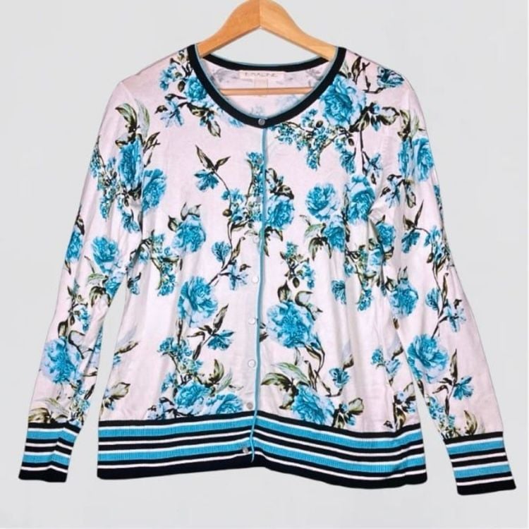 Emaline White Blue Floral Print Long Sleeve Button Down Cardigan Sweater Size M 2