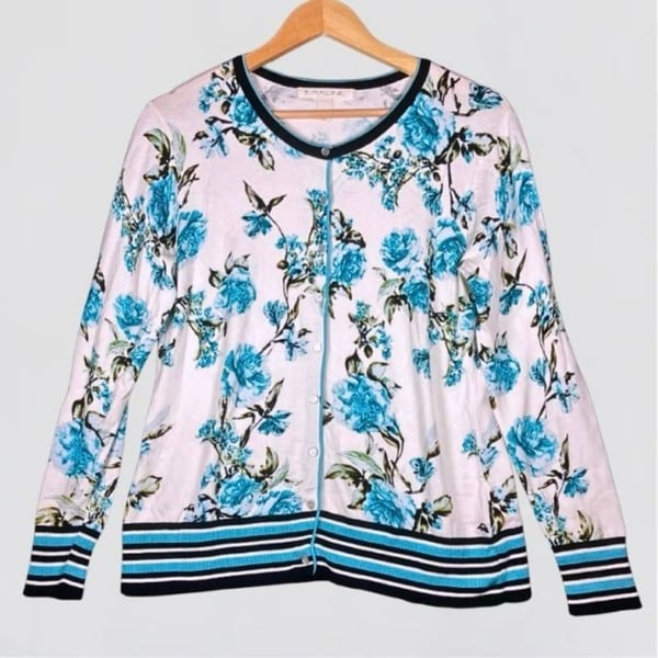 Emaline White Blue Floral Print Long Sleeve Button Down Cardigan Sweater Size M