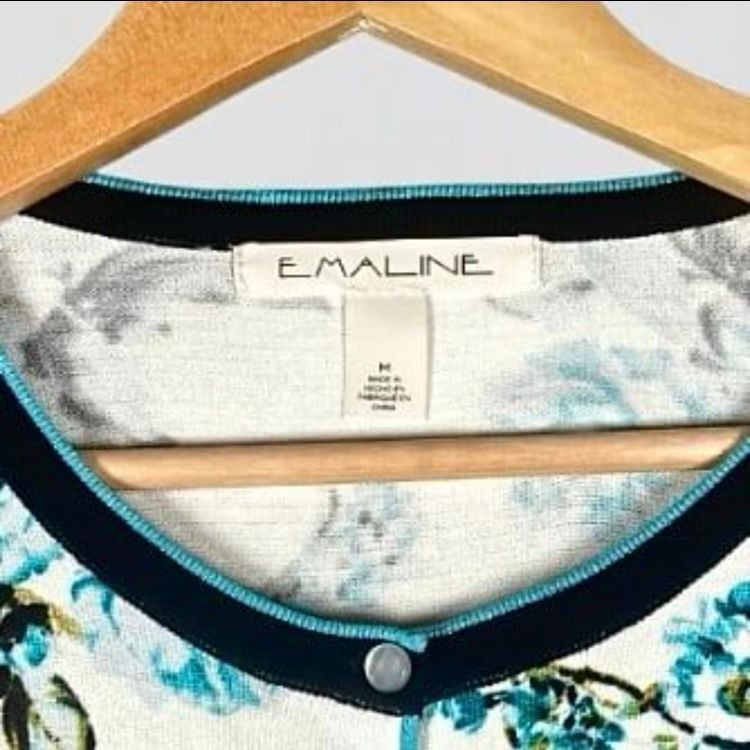 Emaline White Blue Floral Print Long Sleeve Button Down Cardigan Sweater Size M 3