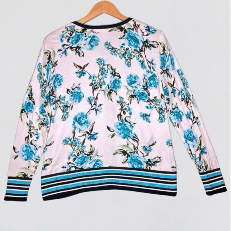 Emaline White Blue Floral Print Long Sleeve Button Down Cardigan Sweater Size M 4