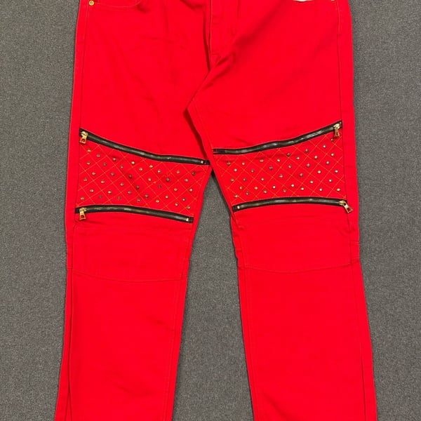 Blue Stitch Red Slim Straight Biker Moto Jeans with Studs and Zippers Size 46x32