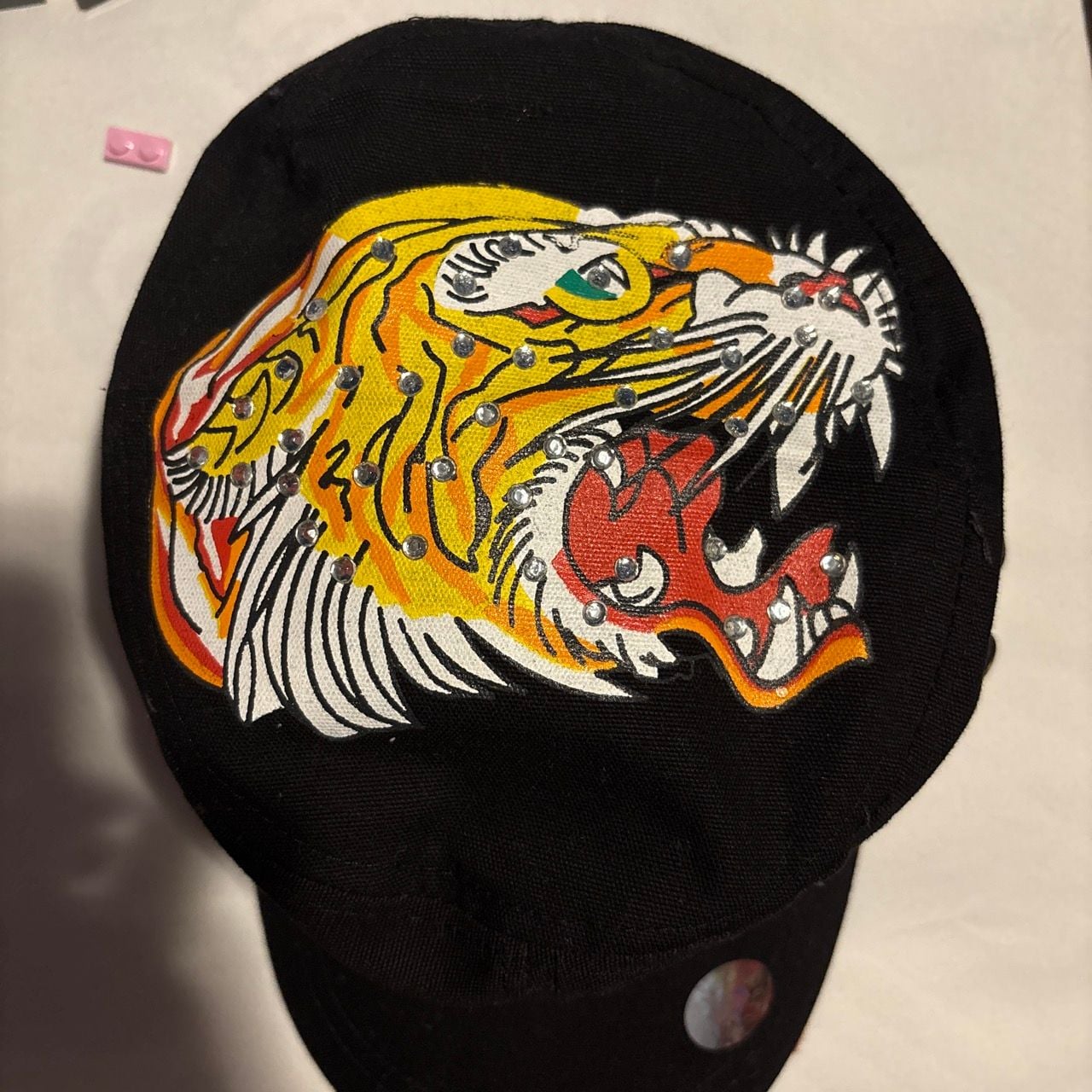 Ed Hardy By Christian Audigier Black Embroidered Tiger Crystal Studded Cadet Hat 5