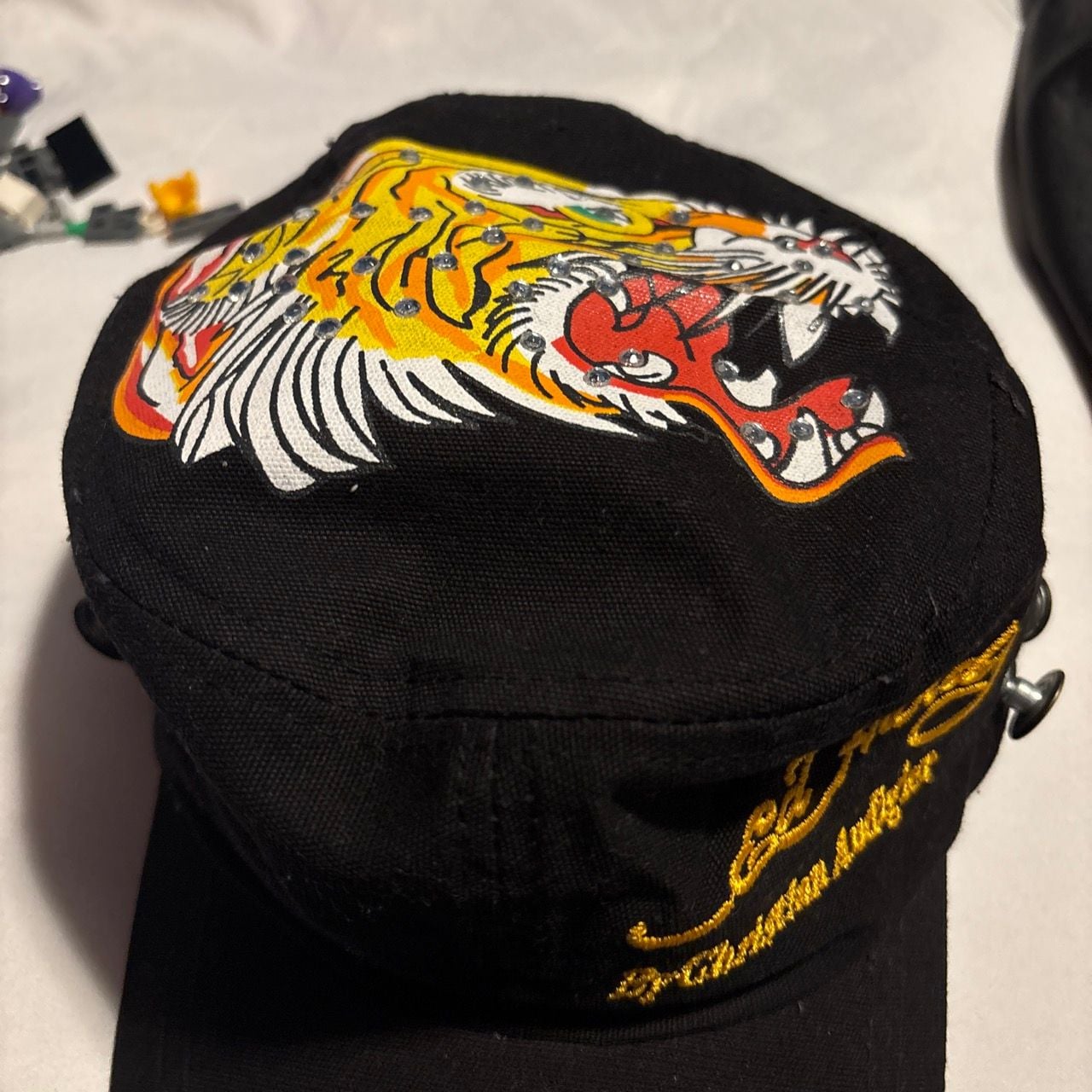 Ed Hardy By Christian Audigier Black Embroidered Tiger Crystal Studded Cadet Hat 7