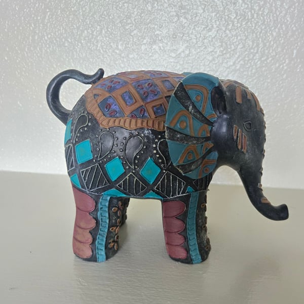 Hand-Painted Decorative Elephant Figurine with Intricate Tribal Patterns