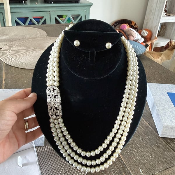 The Skyline Collection Faux Pearl Necklace and Earrings Set with Art Deco Clasp